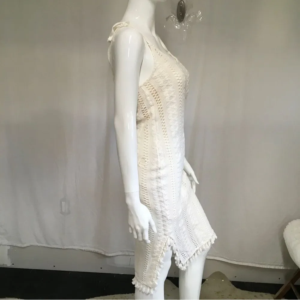Reserved Womens Crochet Tasseled Trim W/ Slit Dress Cover Up Off White XS